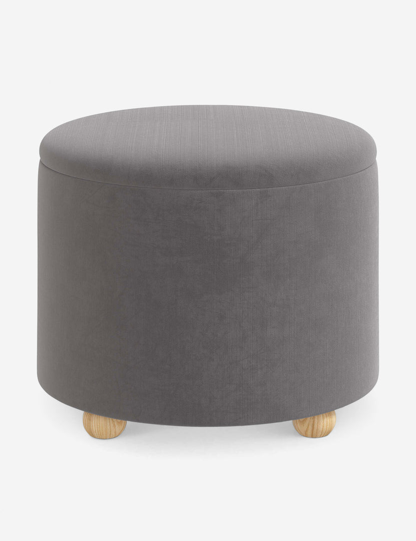 #color::steel-velvet #size::24-Dia | Kamila Steel Gray Velvet 24-inch round ottoman with storage space and pinewood feet