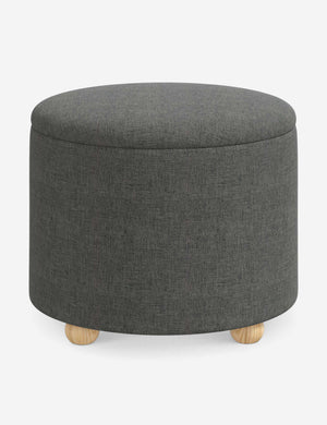 Kamila Charcoal Gray Linen 24-inch round ottoman with storage space and pinewood feet