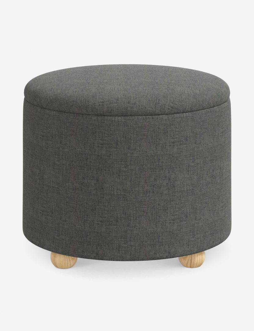 #color::charcoal-linen #size::24-Dia | Kamila Charcoal Gray Linen 24-inch round ottoman with storage space and pinewood feet