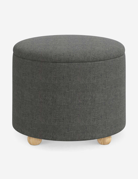 #color::charcoal-linen #size::24-Dia | Kamila Charcoal Gray Linen 24-inch round ottoman with storage space and pinewood feet