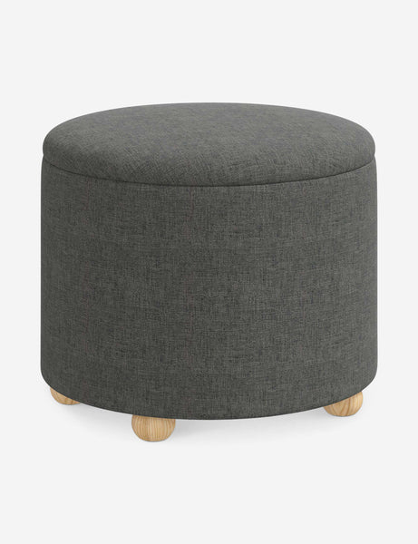 #color::charcoal-linen #size::24-Dia | Angled view of the Kamila Charcoal Gray Linen 24-inch ottoman