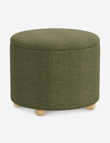 #color::sage-linen #size::24-Dia | Angled view of the Kamila Sage Green Linen 24-inch ottoman