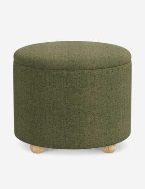 Kamila Sage Green Linen 24-inch round ottoman with storage space and pinewood feet