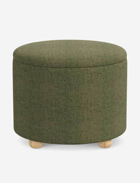 #color::sage-linen #size::24-Dia | Kamila Sage Green Linen 24-inch round ottoman with storage space and pinewood feet