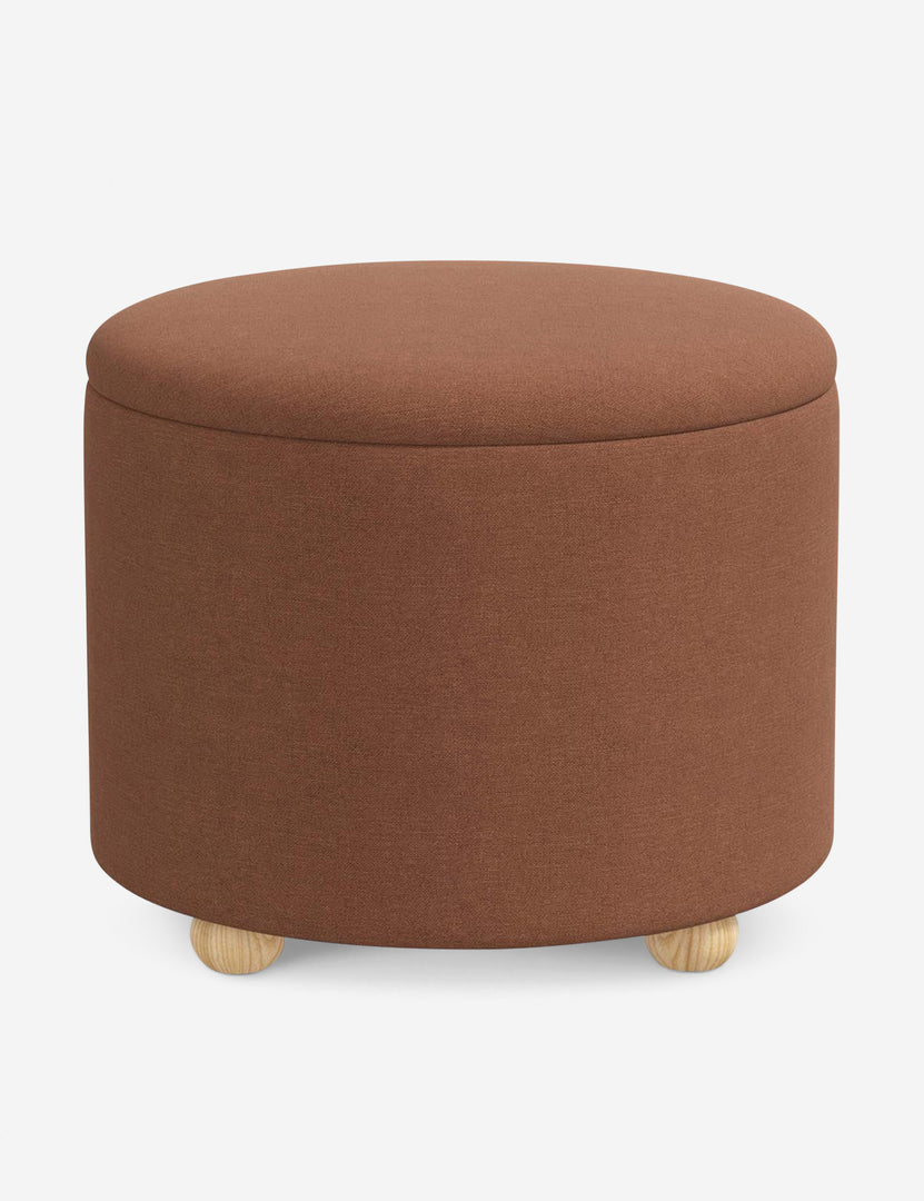 #color::terracotta-linen #size::24-Dia | Kamila Terracotta Linen 24-inch round ottoman with storage space and pinewood feet
