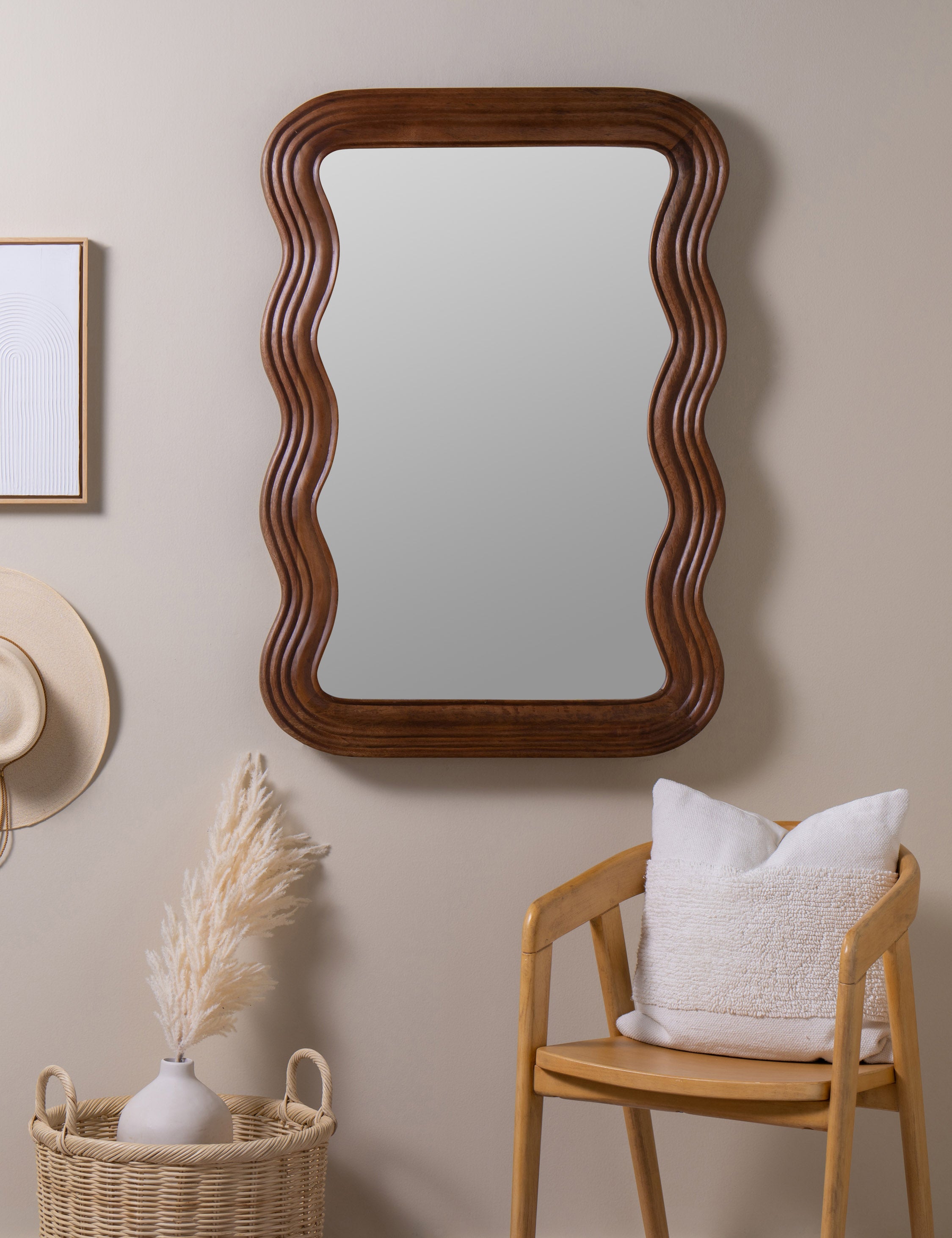 Walnut Sculptural Wood Frame Wall Mirror