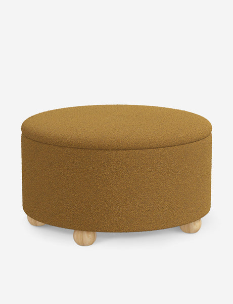 #color::ochre-boucle #size::34-Dia | Angled view of the Kamila Ochre Performance Basketweave 34-inch ottoman