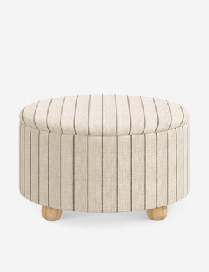 Kamila Natural Stripe Linen 34-inch round ottoman with storage space and pinewood feet