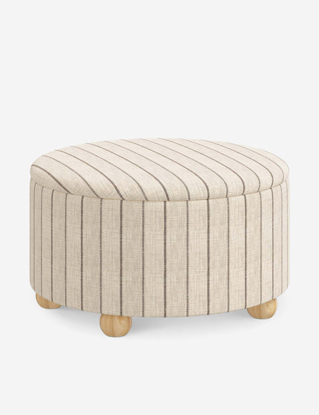 #color::natural-stripe #size::34-Dia | Angled view of the Kamila Natural Stripe Linen 34-inch ottoman