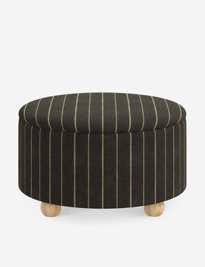 Kamila Peppercorn Stripe Linen 34-inch round ottoman with storage space and pinewood feet