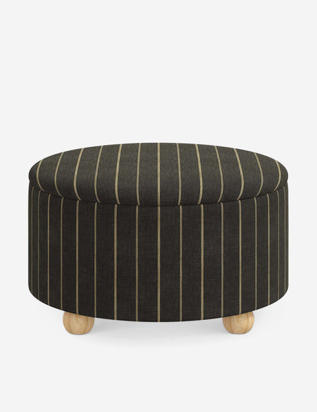 #color::peppercorn-stripe #size::34-Dia | Kamila Peppercorn Stripe Linen 34-inch round ottoman with storage space and pinewood feet