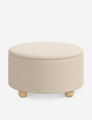 Kamila Natural Linen 34-inch round ottoman with storage space and pinewood feet