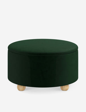 Kamila Emerald Green Velvet 34-inch round ottoman with storage space and pinewood feet