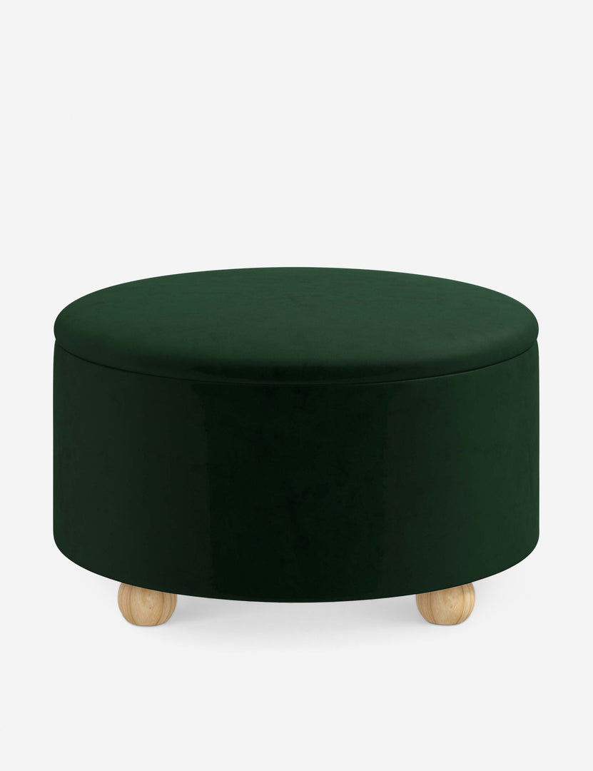 #color::emerald-velvet #size::34-Dia | Kamila Emerald Green Velvet 34-inch round ottoman with storage space and pinewood feet