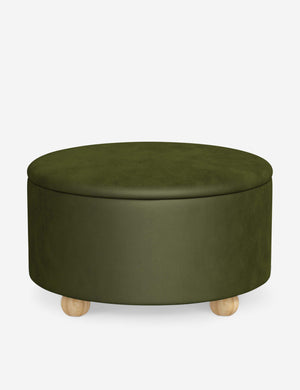 Kamila Pine Green Velvet 34-inch round ottoman with storage space and pinewood feet