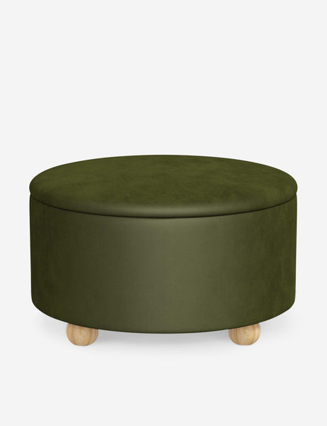 #color::pine-velvet #size::34-Dia | Kamila Pine Green Velvet 34-inch round ottoman with storage space and pinewood feet