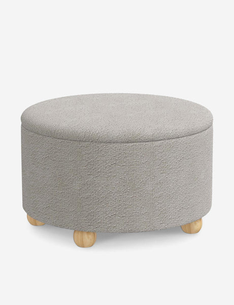 #color::moonlight-boucle #size::34-Dia | Angled view of the Kamila Moonlight Gray Boucle 34-inch ottoman