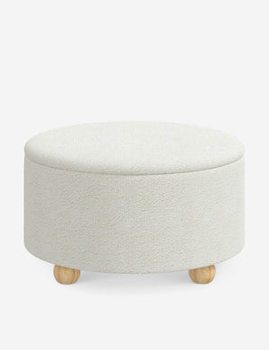 Kamila White Boucle 34-inch round ottoman with storage space and pinewood feet