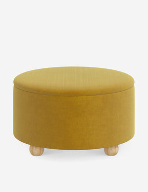 Kamila Citronella Yellow Velvet 34-inch round ottoman with storage space and pinewood feet
