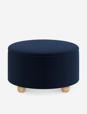 Kamila Navy Velvet 34-inch round ottoman with storage space and pinewood feet