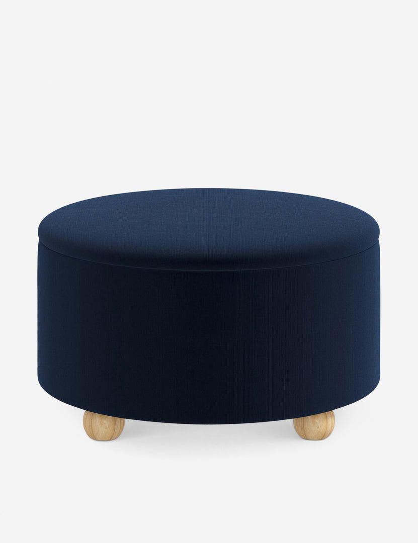 #color::navy-velvet #size::34-Dia | Kamila Navy Velvet 34-inch round ottoman with storage space and pinewood feet