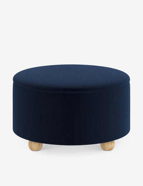 #color::navy-velvet #size::34-Dia | Kamila Navy Velvet 34-inch round ottoman with storage space and pinewood feet
