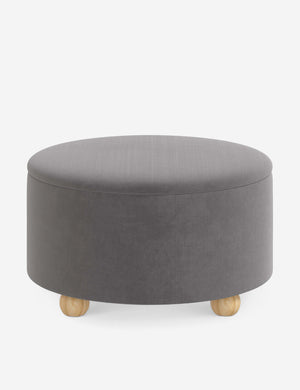 Kamila Steel Gray Velvet 34-inch round ottoman with storage space and pinewood feet