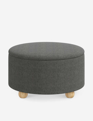 Kamila Charcoal Gray Linen 34-inch round ottoman with storage space and pinewood feet