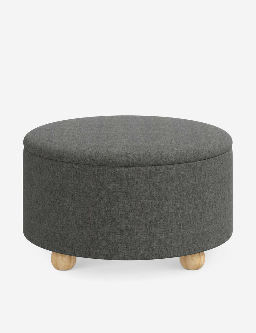 #color::charcoal-linen #size::34-Dia | Kamila Charcoal Gray Linen 34-inch round ottoman with storage space and pinewood feet