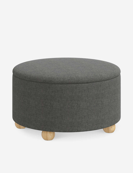#color::charcoal-linen #size::34-Dia | Angled view of the Kamila Charcoal Gray Linen 34-inch ottoman