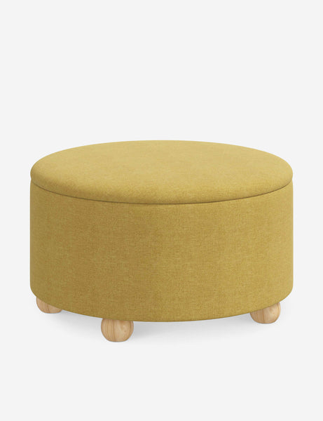 #color::golden-linen #size::34-Dia | Angled view of the Kamila Golden Linen 34-inch ottoman