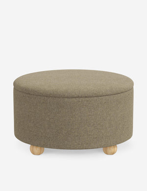 Kamila Pebble Gray Linen 34-inch round ottoman with storage space and pinewood feet