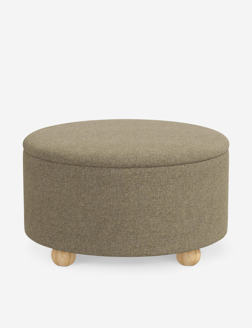 #color::pebble-linen #size::34-Dia | Kamila Pebble Gray Linen 34-inch round ottoman with storage space and pinewood feet