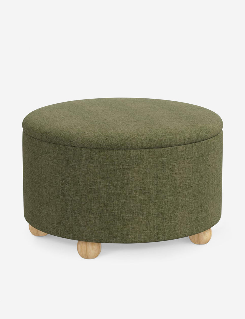 #color::sage-linen #size::34-Dia | Angled view of the Kamila Sage Green Linen 34-inch ottoman