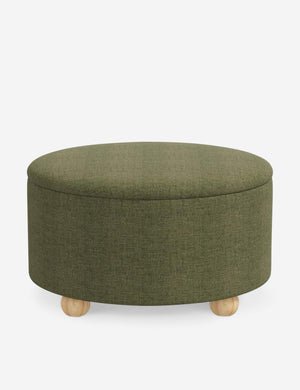 Kamila Sage Green Linen 34-inch round ottoman with storage space and pinewood feet