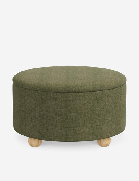 #color::sage-linen #size::34-Dia | Kamila Sage Green Linen 34-inch round ottoman with storage space and pinewood feet