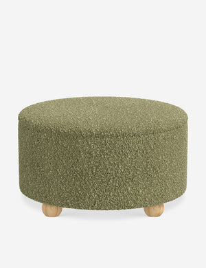 Kamila Green Boucle 34-inch round ottoman with storage space and pinewood feet