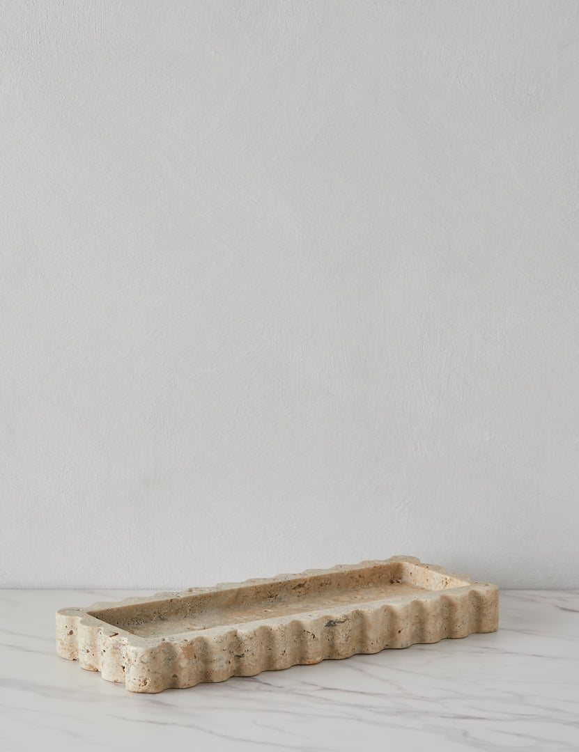 #color::travertine | Angled view of the 512 long scalloped decorative tray in travertine