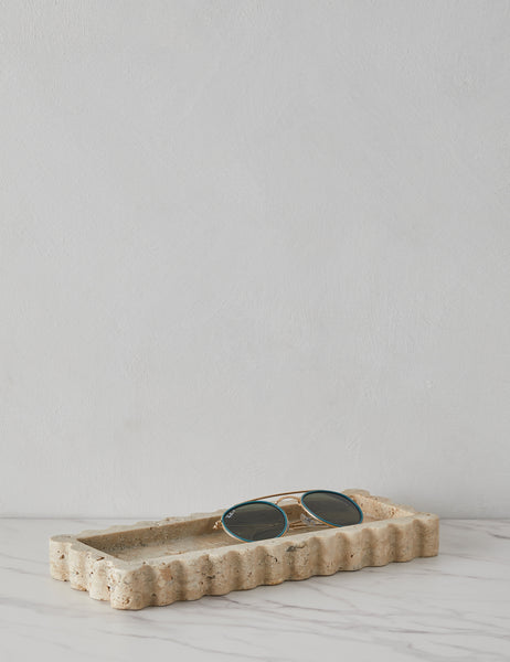 #color::travertine | 512 long scalloped decorative tray in travertine holding sunglasses
