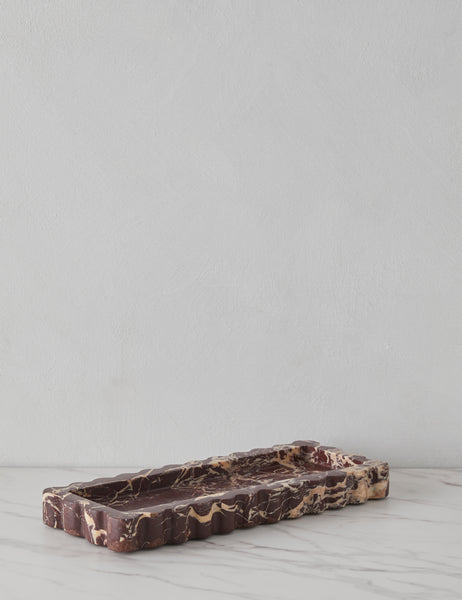 #color::cherry-gold-marble | Angled view of the 512 long scalloped decorative tray in cherry marble