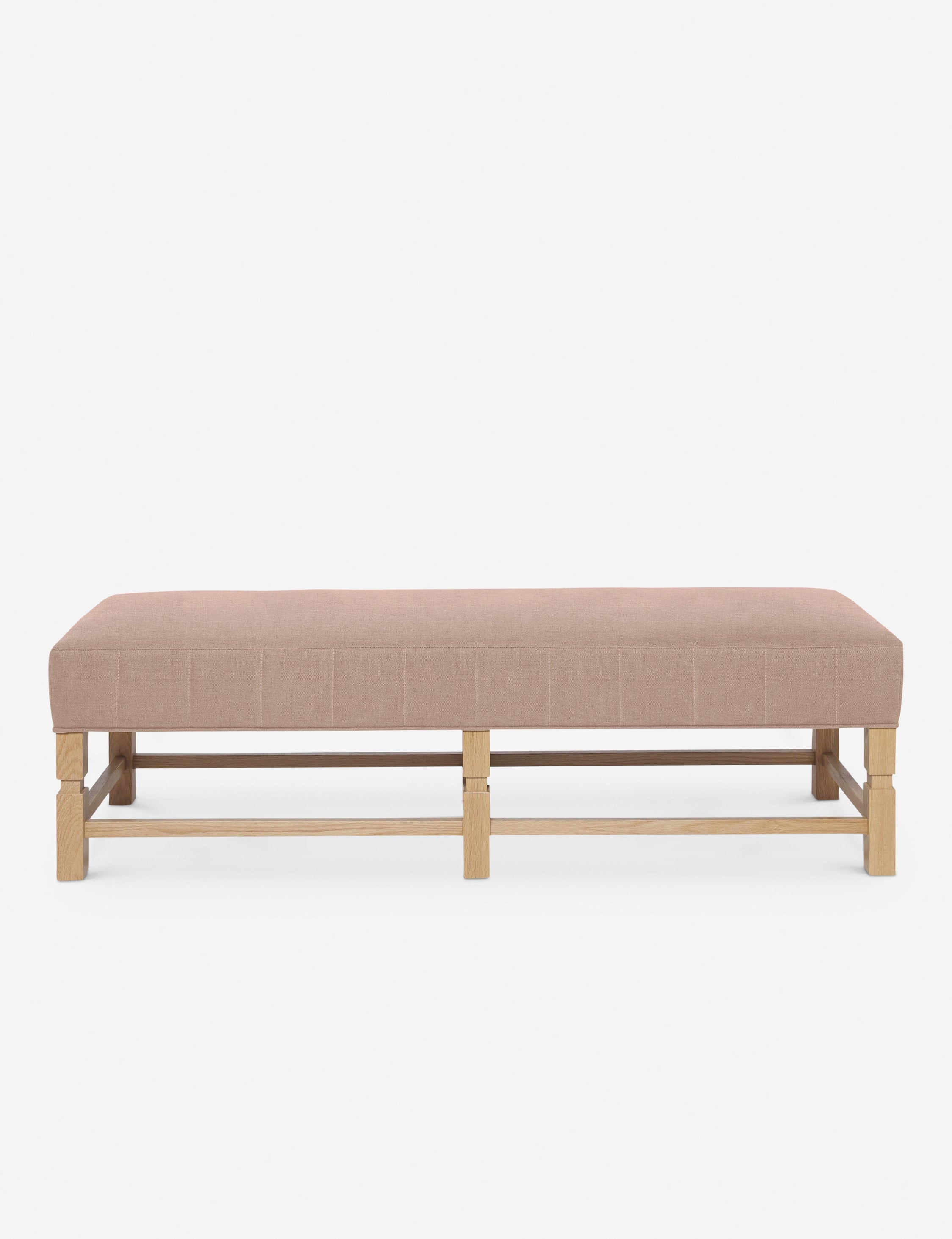 #color::apricot-linen | Ambleside Apricot Linen upholstered bench with carved detailing on the frame and vertical channeling around the cushion by Ginny Macdonald
