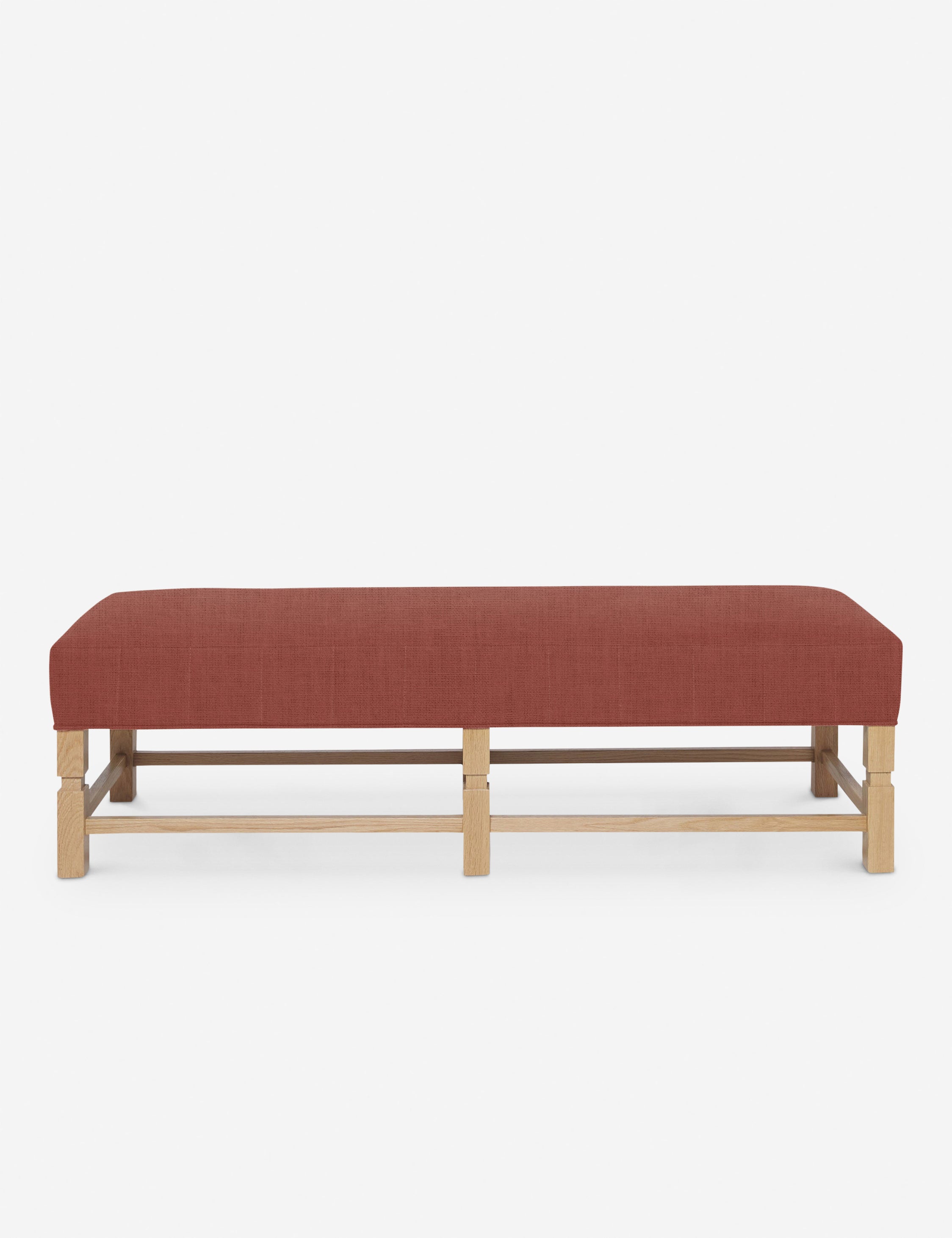 #color::terracotta-linen | Ambleside Terracotta Linen upholstered bench with carved detailing on the frame and vertical channeling around the cushion by Ginny Macdonald