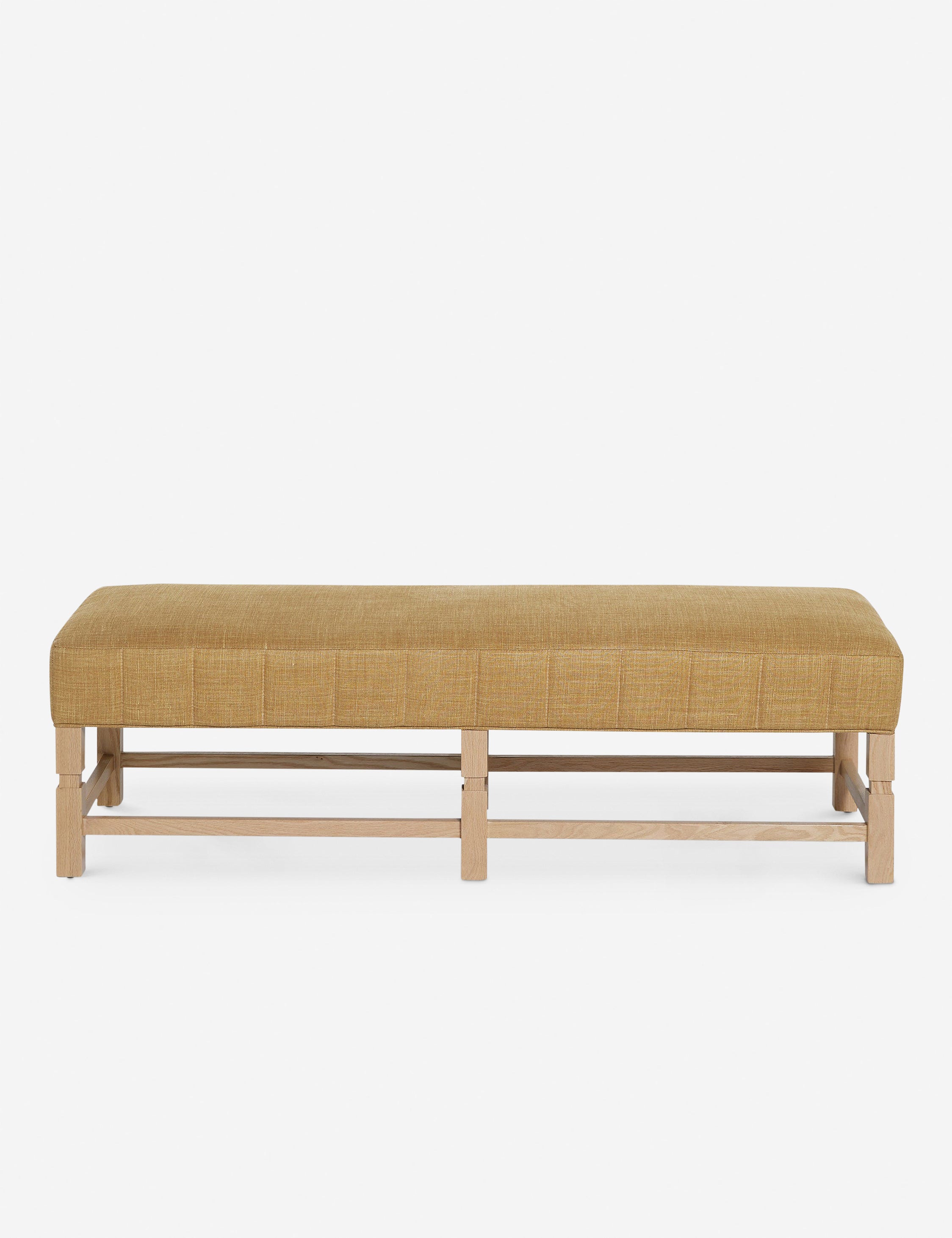 #color::camel-linen | Ambleside Camel Linen upholstered bench with carved detailing on the frame and vertical channeling around the cushion by Ginny Macdonald