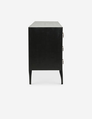 Side view of the Anabella black wood dresser with silver drawer pulls