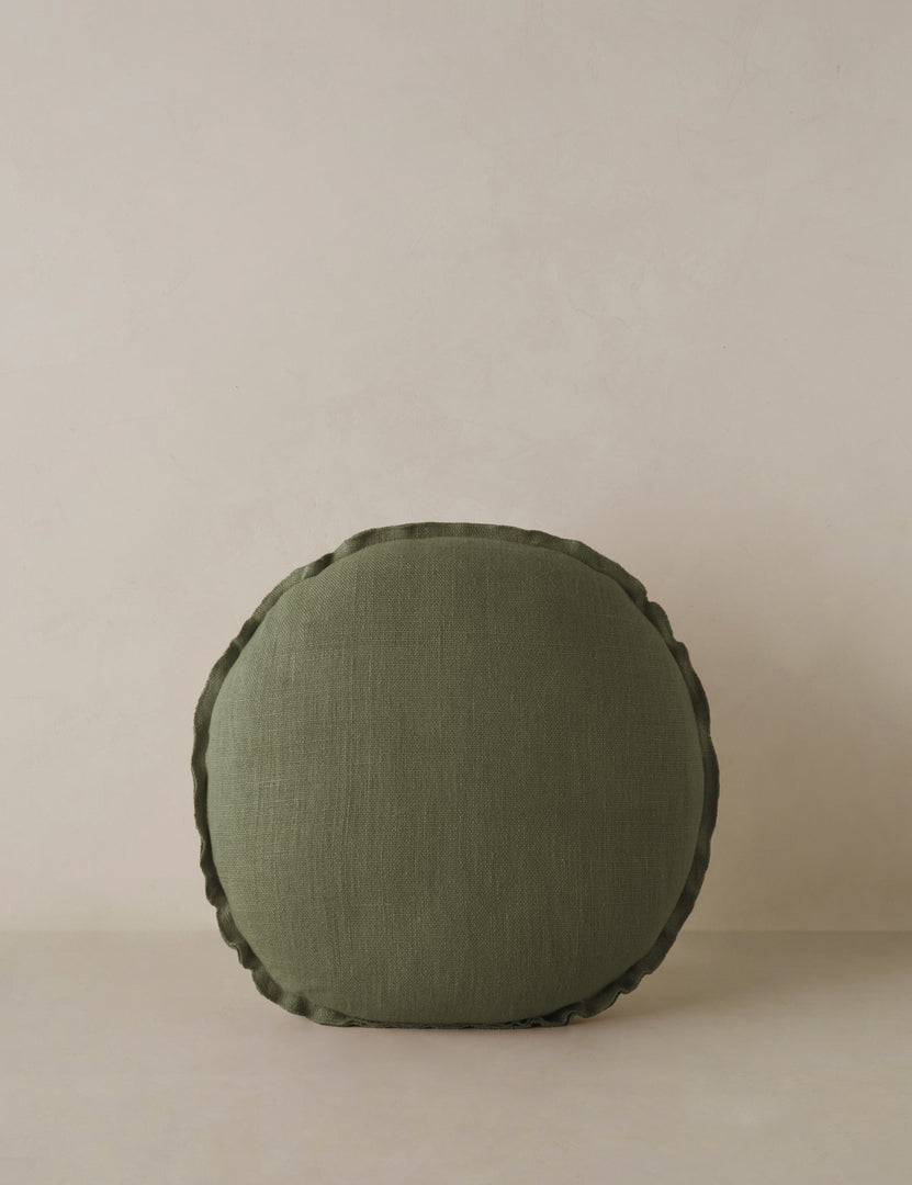 #color::olive | Arlo linen flange trim round pillow.