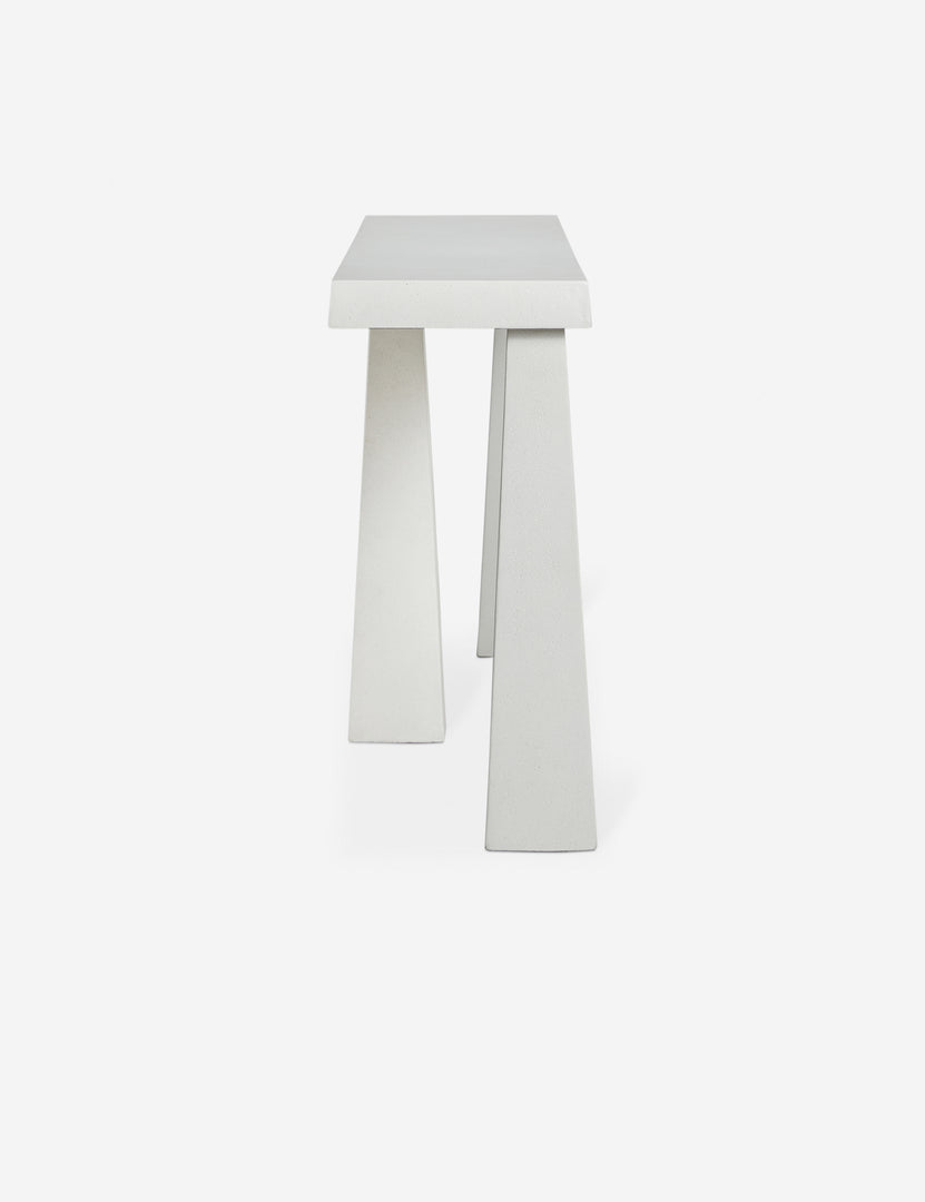 #color::textured-white | Side profile of the Avila modern narrow console table.