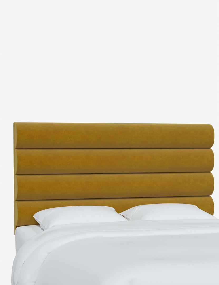 #color::citronella-velvet #size::full #size::queen #size::king #size::cal-king | Angled view of the Bailee Citronella Velvet headboard