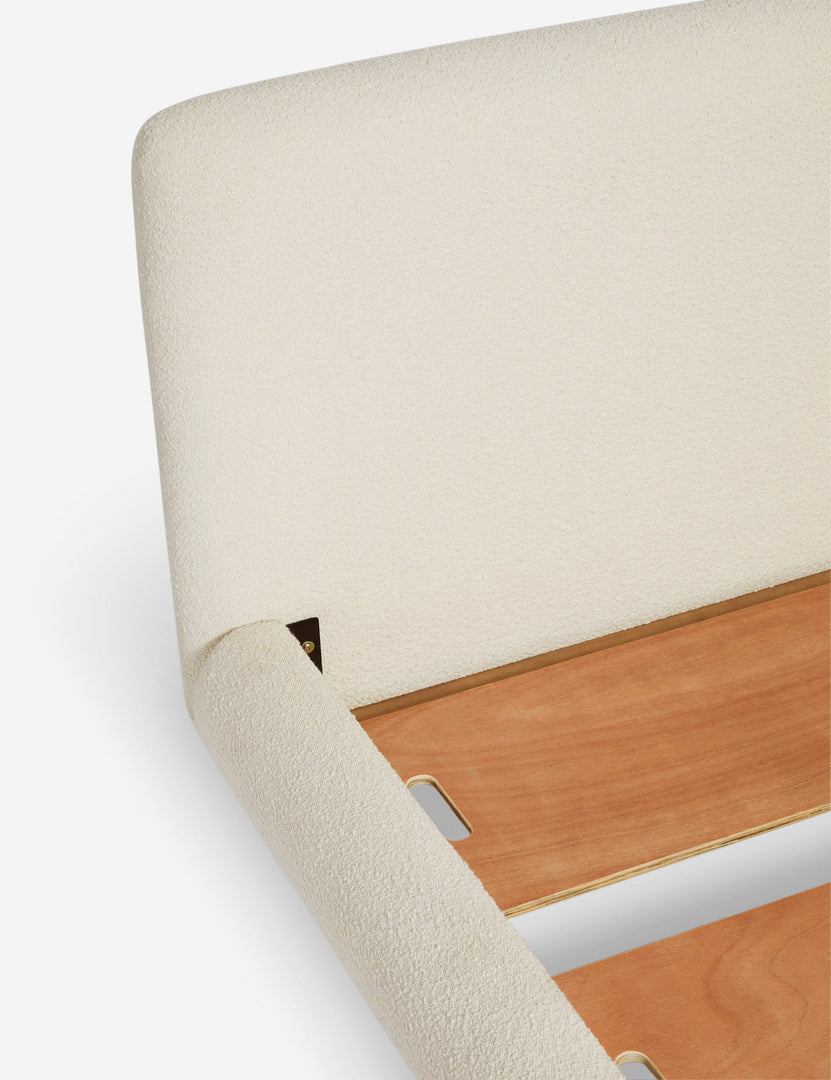 #color::ivory-boucle #size::queen #size::king | Overhead view of the Billow overstuffed boucle upholstered bed with wooden base