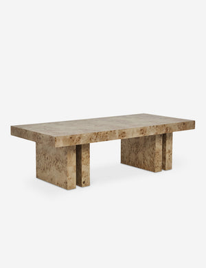 Angled left view of the Brisa rectangular burl wood coffee table with four legs