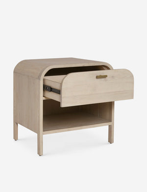 Brooke one drawer whitewashed nightstand with an open shelf and sleek iron pull